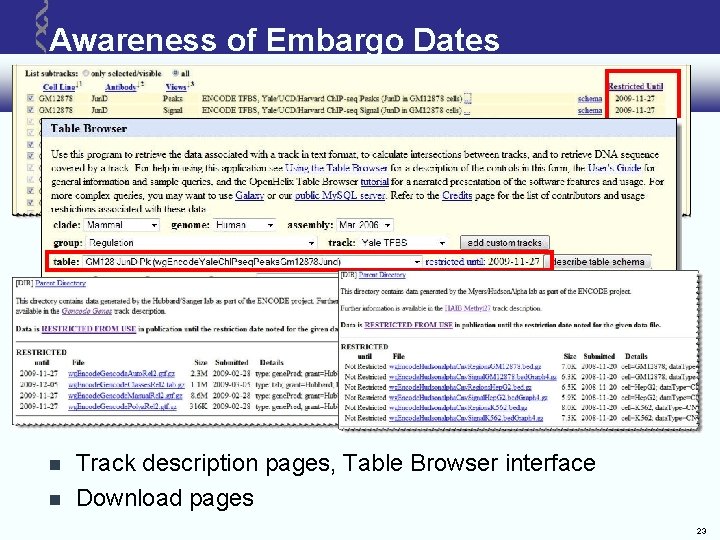 Awareness of Embargo Dates Track description pages, Table Browser interface Download pages 23 Awareness of Embargo Dates Track description pages, Table Browser interface Download pages 23