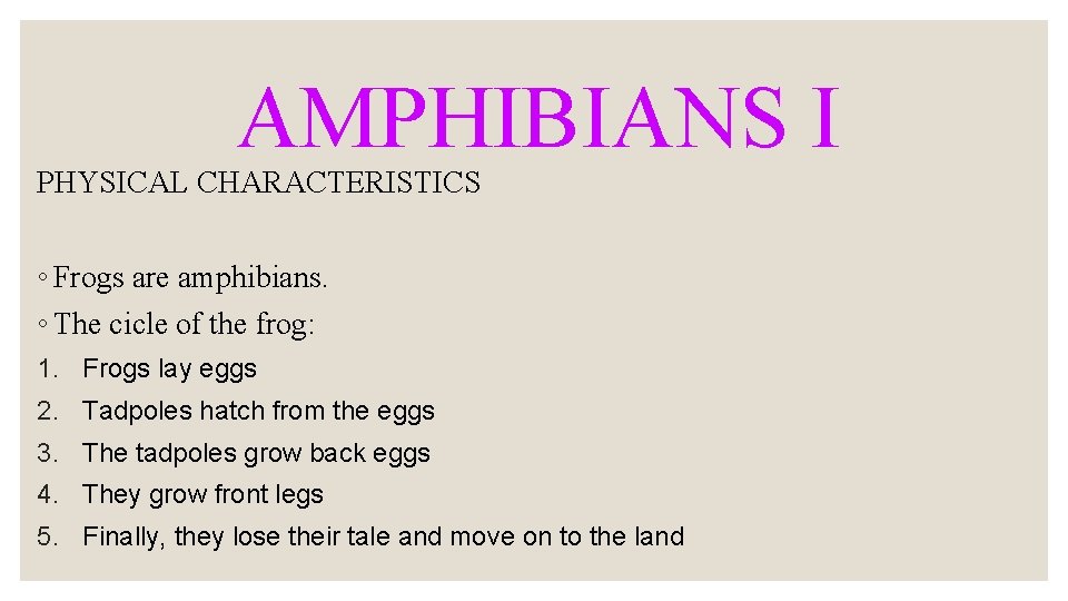 AMPHIBIANS I PHYSICAL CHARACTERISTICS ◦ Frogs are amphibians. ◦ The cicle of the frog: