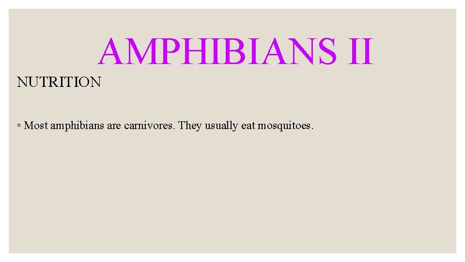 AMPHIBIANS II NUTRITION ◦ Most amphibians are carnivores. They usually eat mosquitoes. 