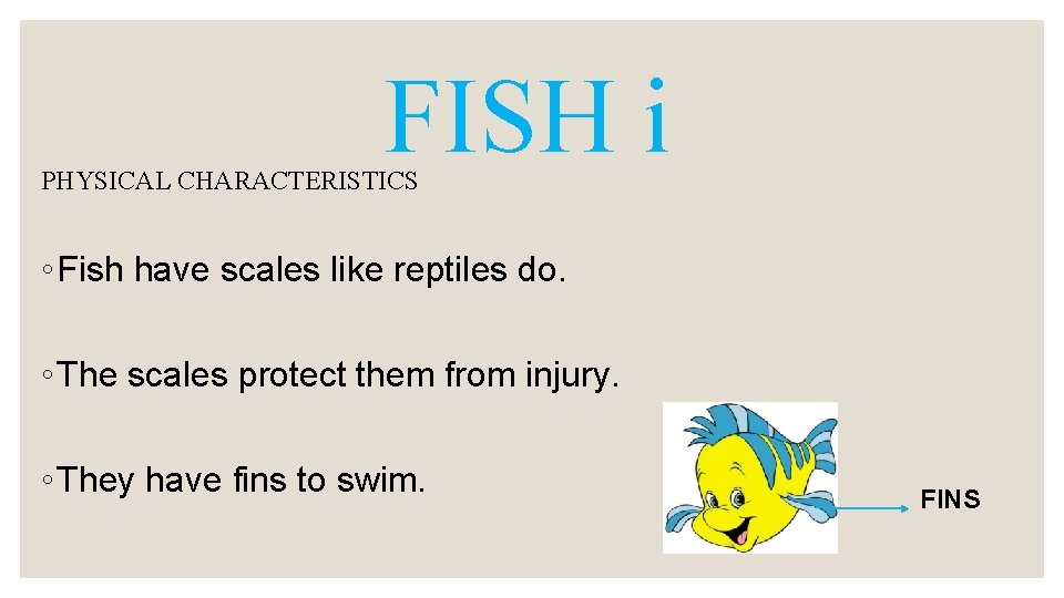 FISH i PHYSICAL CHARACTERISTICS ◦ Fish have scales like reptiles do. ◦ The scales