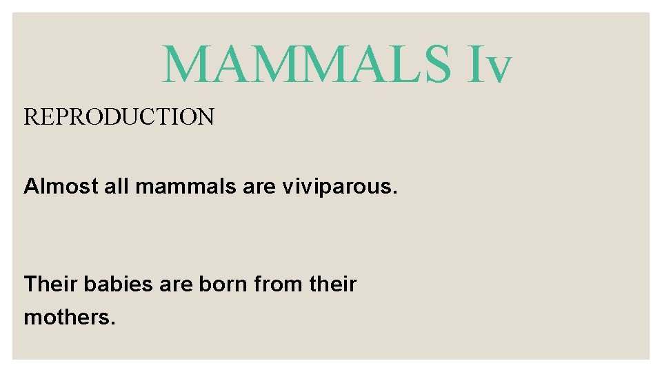 MAMMALS Iv REPRODUCTION Almost all mammals are viviparous. Their babies are born from their