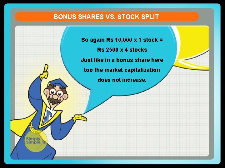 BONUS SHARES VS. STOCK SPLIT So again Rs 10, 000 x 1 stock =