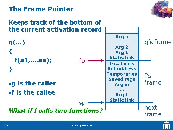 The Frame Pointer Keeps track of the bottom of the current activation record g(…)