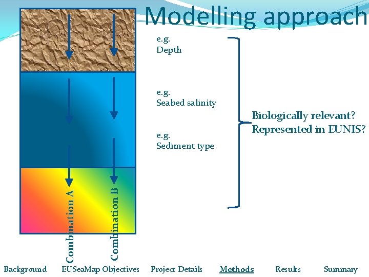 Modelling approach e. g. Depth e. g. Seabed salinity Background Combination B Combination A