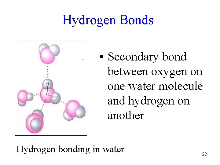 Hydrogen Bonds • Secondary bond between oxygen on one water molecule and hydrogen on