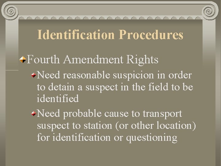 Identification Procedures Fourth Amendment Rights Need reasonable suspicion in order to detain a suspect