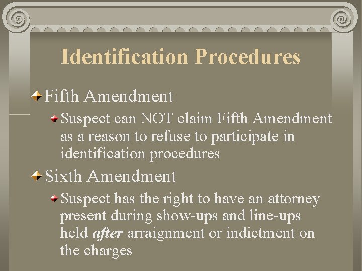 Identification Procedures Fifth Amendment Suspect can NOT claim Fifth Amendment as a reason to