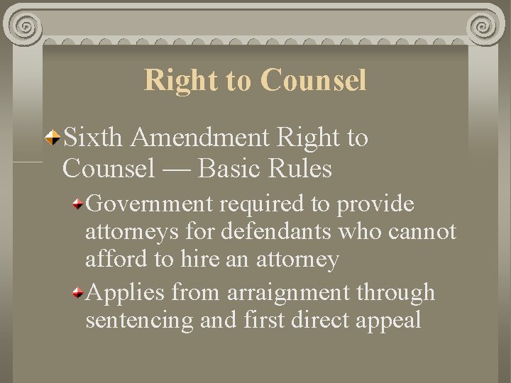 Right to Counsel Sixth Amendment Right to Counsel — Basic Rules Government required to