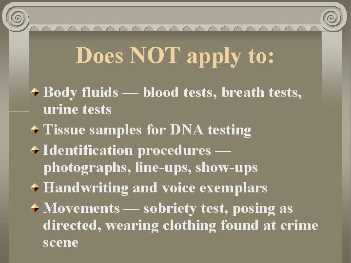 Does NOT apply to: Body fluids — blood tests, breath tests, urine tests Tissue