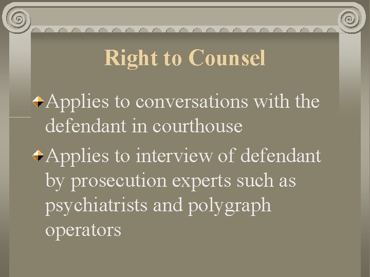 Right to Counsel Applies to conversations with the defendant in courthouse Applies to interview