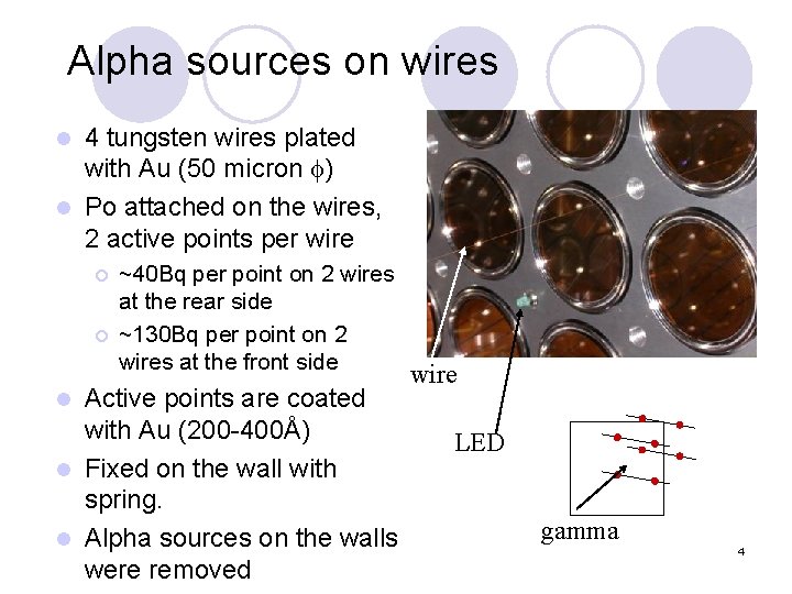Alpha sources on wires 4 tungsten wires plated with Au (50 micron f) l