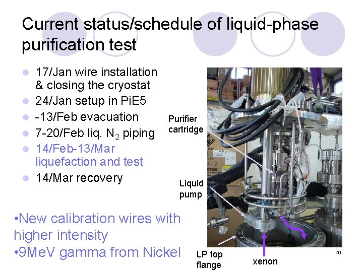 Current status/schedule of liquid-phase purification test l l l 17/Jan wire installation & closing