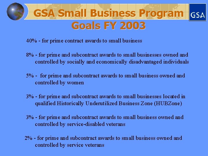 GSA Small Business Program Goals FY 2003 40% - for prime contract awards to