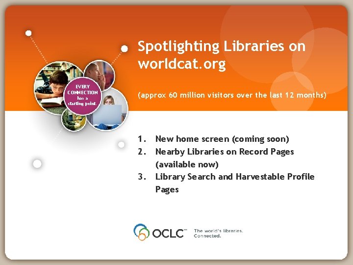 Spotlighting Libraries on worldcat. org EVERY CONNECTION has a starting point. (approx 60 million