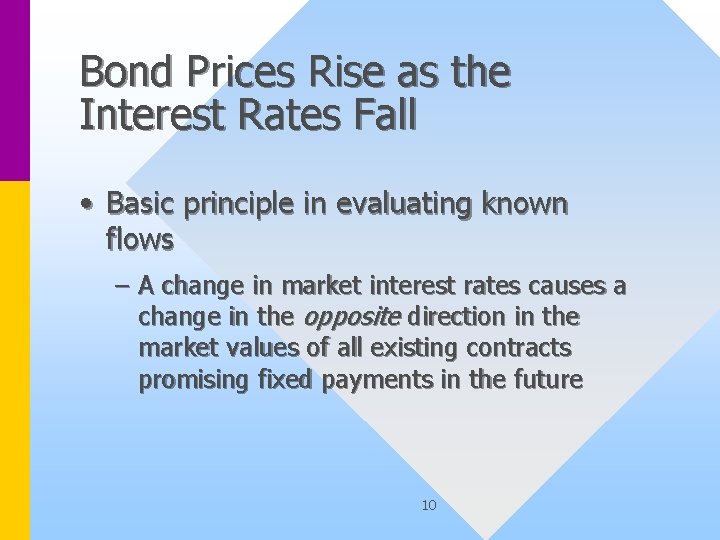 Bond Prices Rise as the Interest Rates Fall • Basic principle in evaluating known