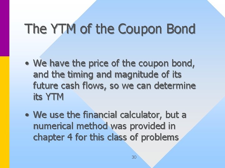 The YTM of the Coupon Bond • We have the price of the coupon