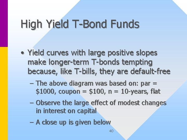 High Yield T-Bond Funds • Yield curves with large positive slopes make longer-term T-bonds