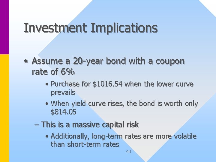 Investment Implications • Assume a 20 -year bond with a coupon rate of 6%