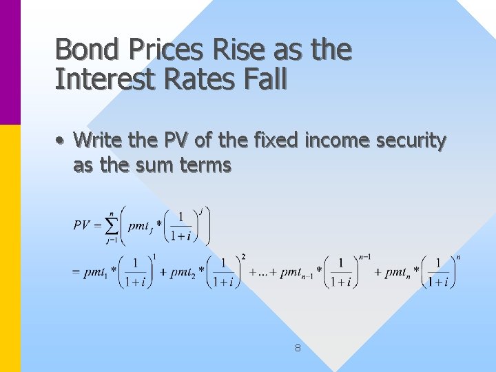 Bond Prices Rise as the Interest Rates Fall • Write the PV of the