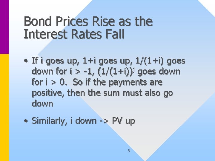 Bond Prices Rise as the Interest Rates Fall • If i goes up, 1+i