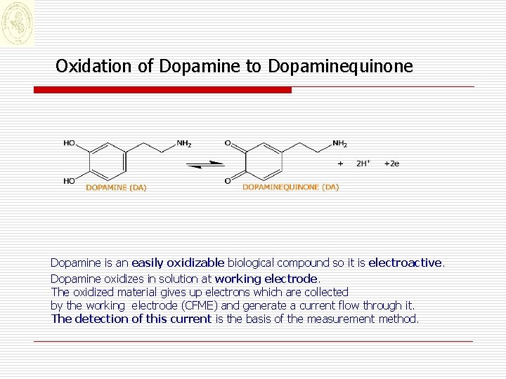 Oxidation of Dopamine to Dopaminequinone Dopamine is an easily oxidizable biological compound so it