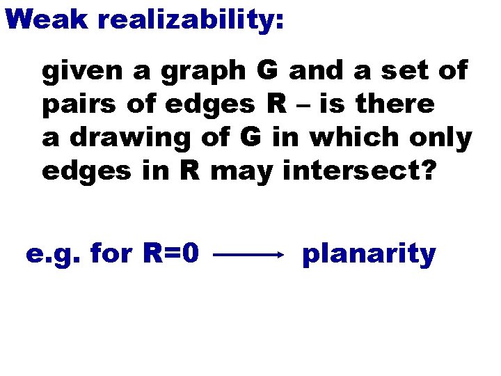 Weak realizability: given a graph G and a set of pairs of edges R