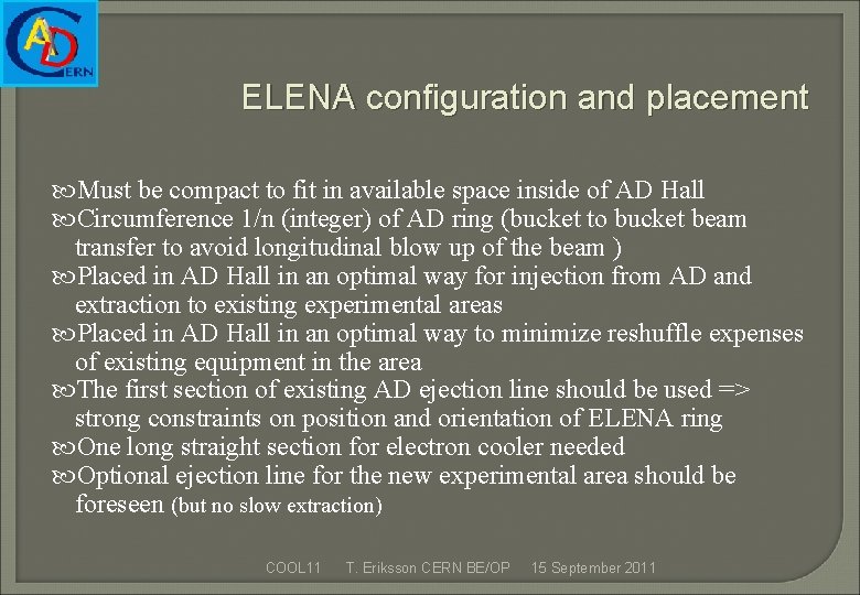 ELENA configuration and placement Must be compact to fit in available space inside of