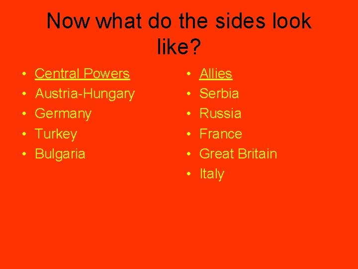 Now what do the sides look like? • • • Central Powers Austria-Hungary Germany