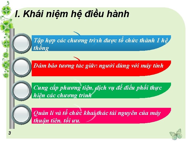 I. Khái niệm hệ điều hành Tập hợp các chương trình được tổ chức