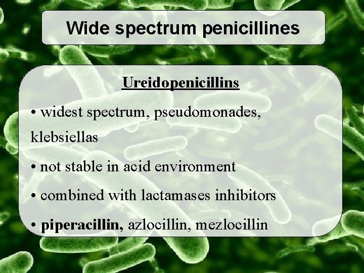 Wide spectrum penicillines Ureidopenicillins • widest spectrum, pseudomonades, klebsiellas • not stable in acid