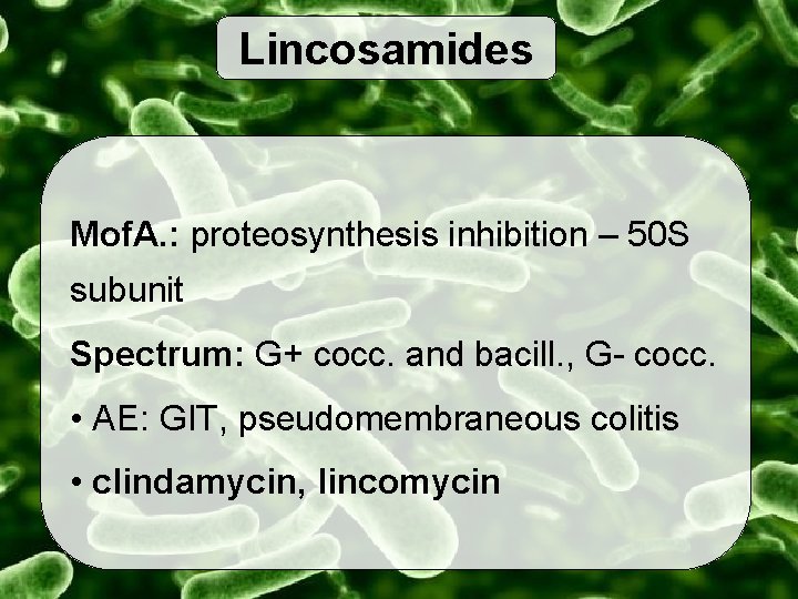 Lincosamides Mof. A. : proteosynthesis inhibition – 50 S subunit Spectrum: G+ cocc. and