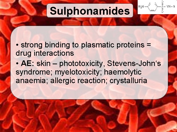 Sulphonamides • strong binding to plasmatic proteins = drug interactions • AE: skin –