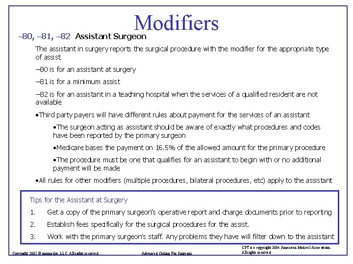Modifiers – 80, – 81, – 82 Assistant Surgeon The assistant in surgery reports