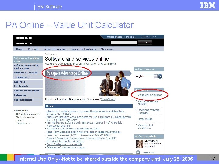 IBM Software PA Online – Value Unit Calculator Internal Use Only--Not to be shared