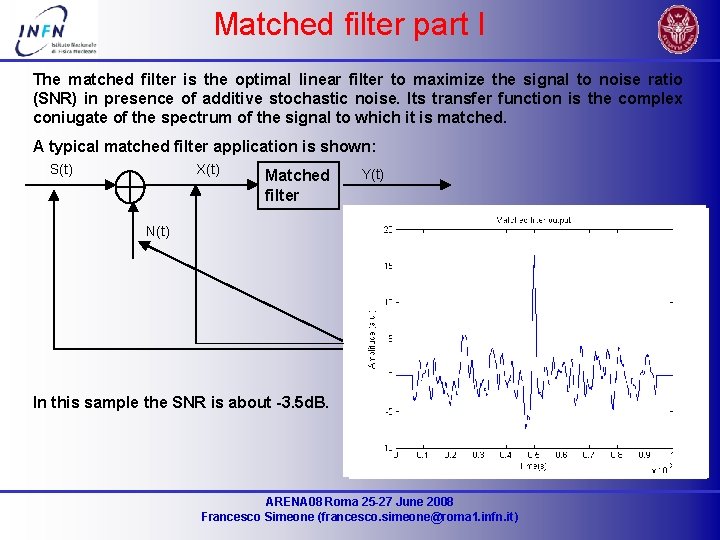 Matched filter part I The matched filter is the optimal linear filter to maximize