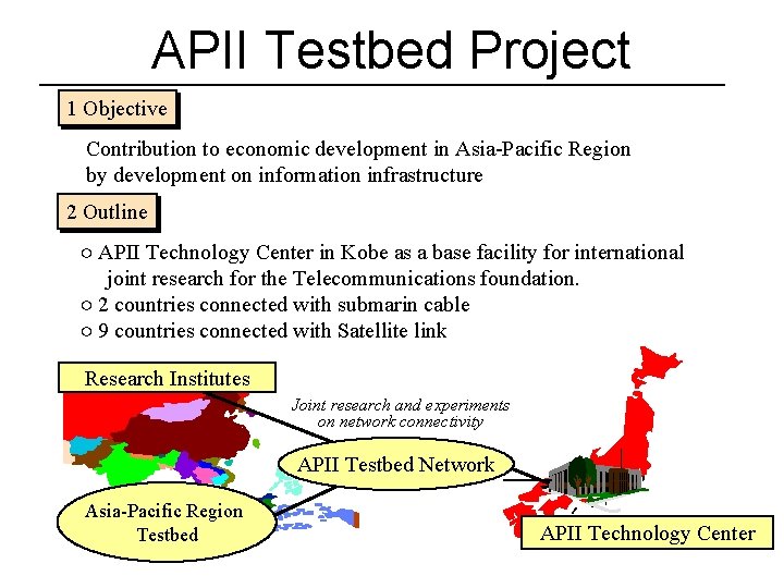 APII Testbed Project 1 Objective Contribution to economic development in Asia-Pacific Region by development