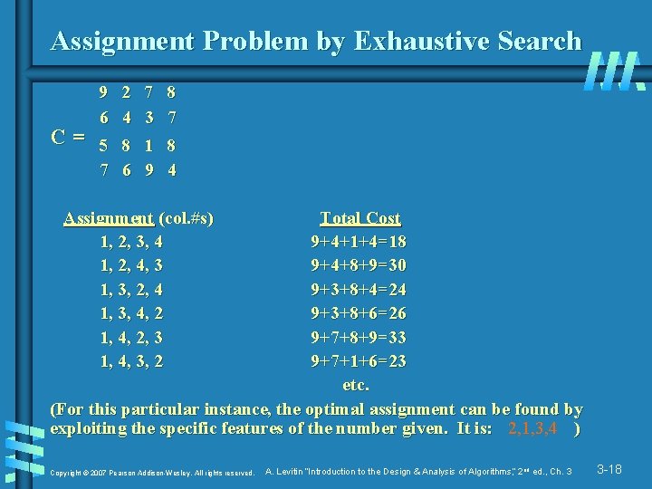 Assignment Problem by Exhaustive Search 9 2 7 8 6 4 3 7 C= Assignment Problem by Exhaustive Search 9 2 7 8 6 4 3 7 C=