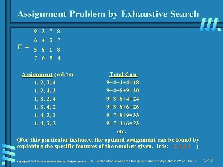 Assignment Problem by Exhaustive Search 9 2 7 8 6 4 3 7 C=