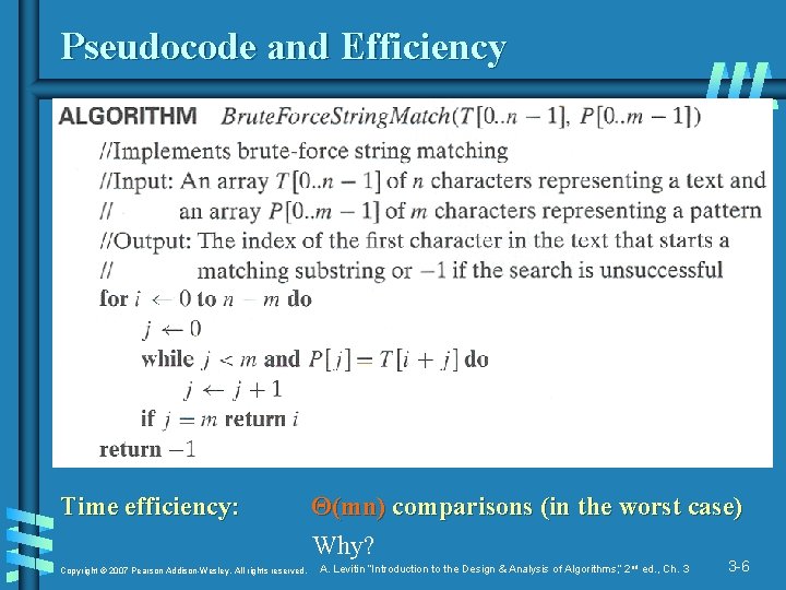 Pseudocode and Efficiency Time efficiency: Copyright © 2007 Pearson Addison-Wesley. All rights reserved. Θ(mn) Pseudocode and Efficiency Time efficiency: Copyright © 2007 Pearson Addison-Wesley. All rights reserved. Θ(mn)