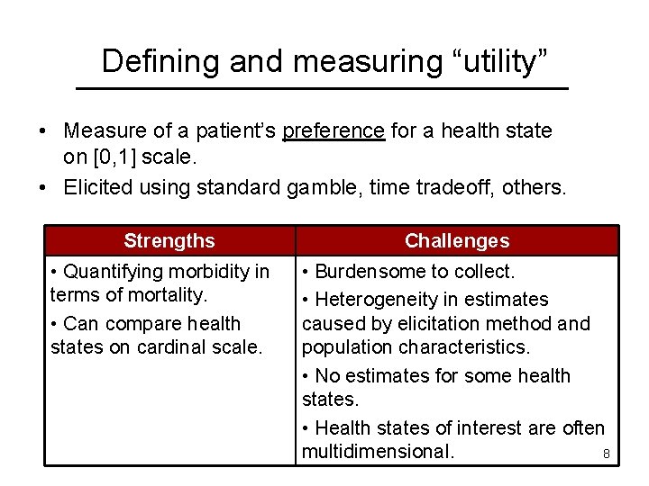 Defining and measuring “utility” • Measure of a patient’s preference for a health state