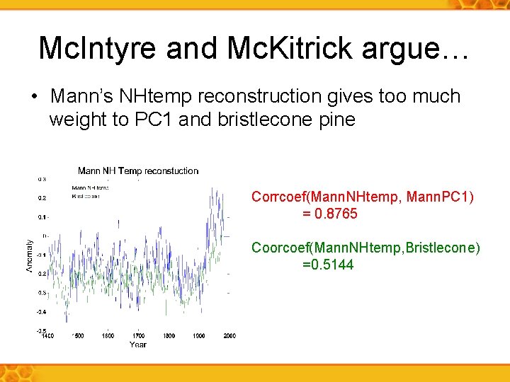 Mc. Intyre and Mc. Kitrick argue… • Mann’s NHtemp reconstruction gives too much weight