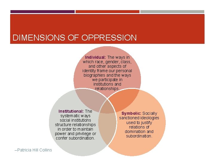 DIMENSIONS OF OPPRESSION Individual: The ways in which race, gender, class, and other aspects