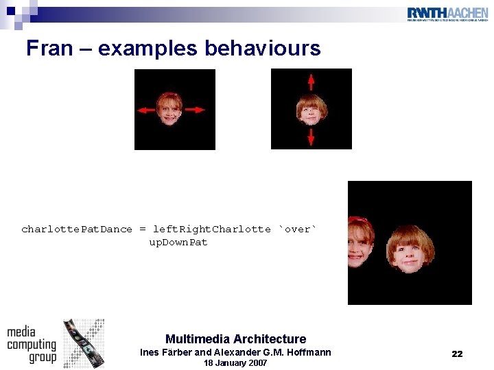 Fran – examples behaviours charlotte. Pat. Dance = left. Right. Charlotte `over` up. Down.