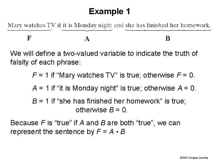 Example 1 F A B We will define a two-valued variable to indicate the Example 1 F A B We will define a two-valued variable to indicate the