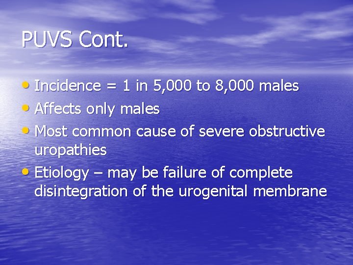 PUVS Cont. • Incidence = 1 in 5, 000 to 8, 000 males •