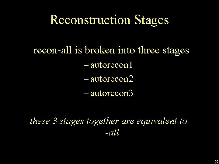 Reconstruction Stages recon-all is broken into three stages – autorecon 1 – autorecon 2