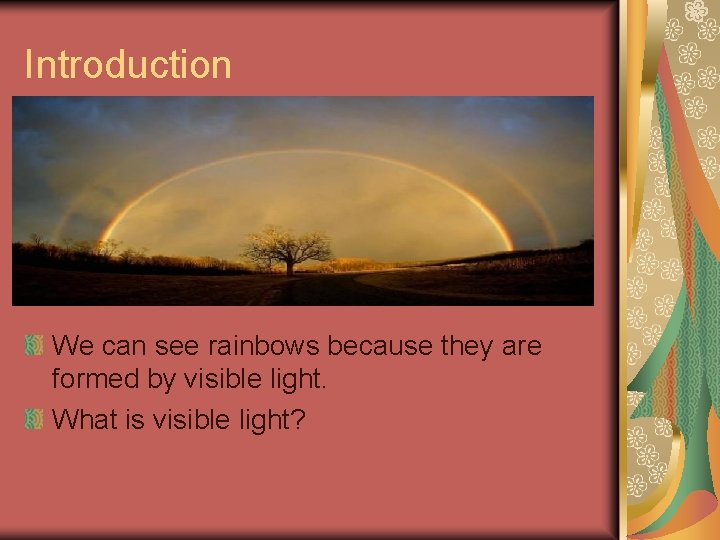 Introduction We can see rainbows because they are formed by visible light. What is Introduction We can see rainbows because they are formed by visible light. What is