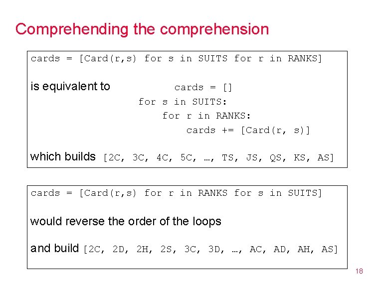 Comprehending the comprehension cards = [Card(r, s) for s in SUITS for r in