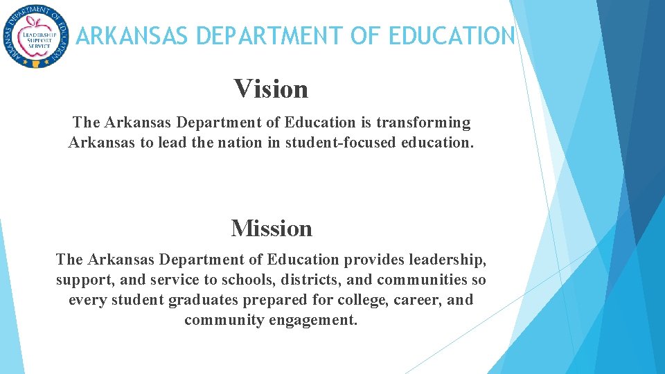 ARKANSAS DEPARTMENT OF EDUCATION Vision The Arkansas Department of Education is transforming Arkansas to