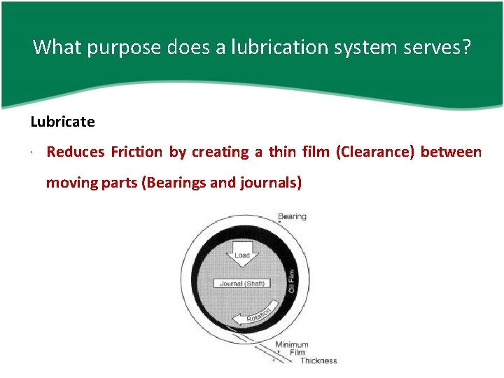 What purpose does a lubrication system serves? Lubricate Reduces Friction by creating a thin